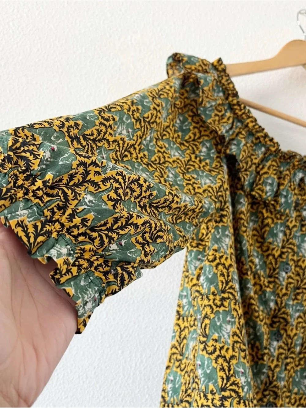 J.Crew Ratti Elephant Print Boho Peasant Blouse Green Gold Off Shoulder Top